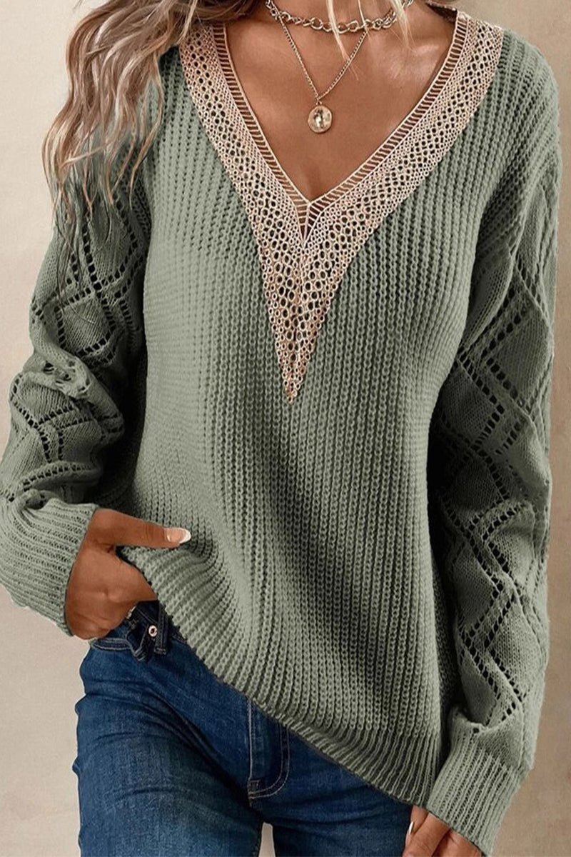 Florcoo Casual Solid Lace V Neck Sweater for Effortless Style