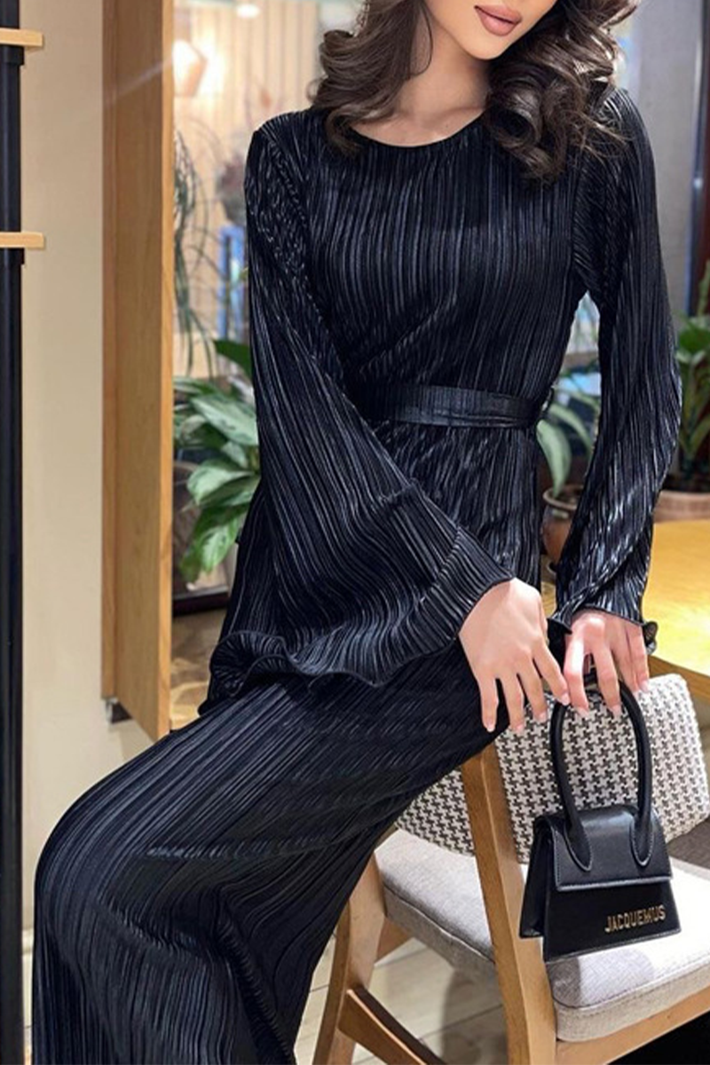 Elegant Solid Pocket Fold O Neck A Line Dresses - Fashionpara