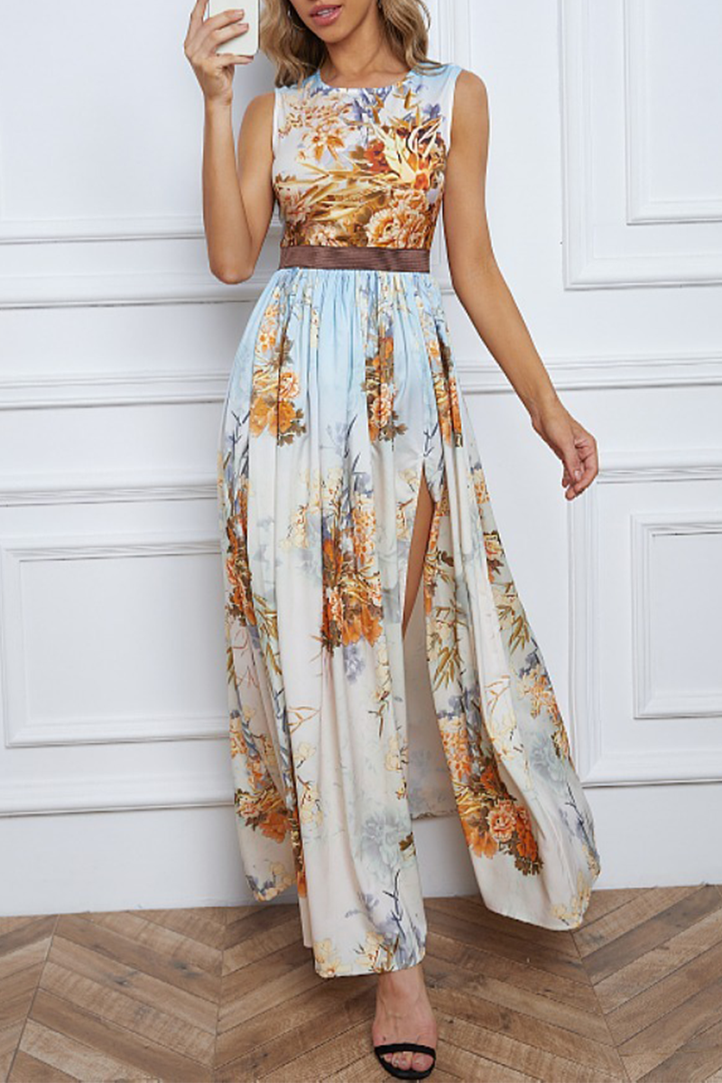 Vintage Elegant Print Slit O Neck Printed Dress Dresses - Fashionpara