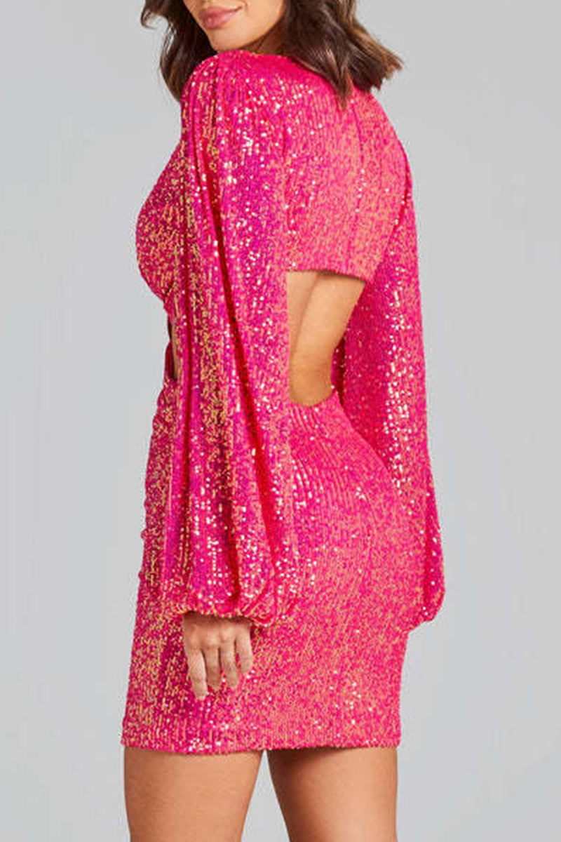 Sexy Solid Sequins Sequined V Neck Wrapped Skirt Dresses - Fashionpara