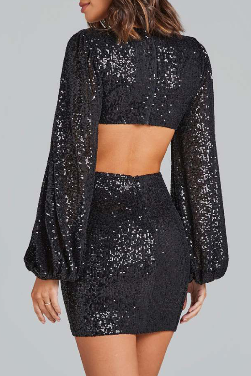 Sexy Solid Sequins Sequined V Neck Wrapped Skirt Dresses - Fashionpara