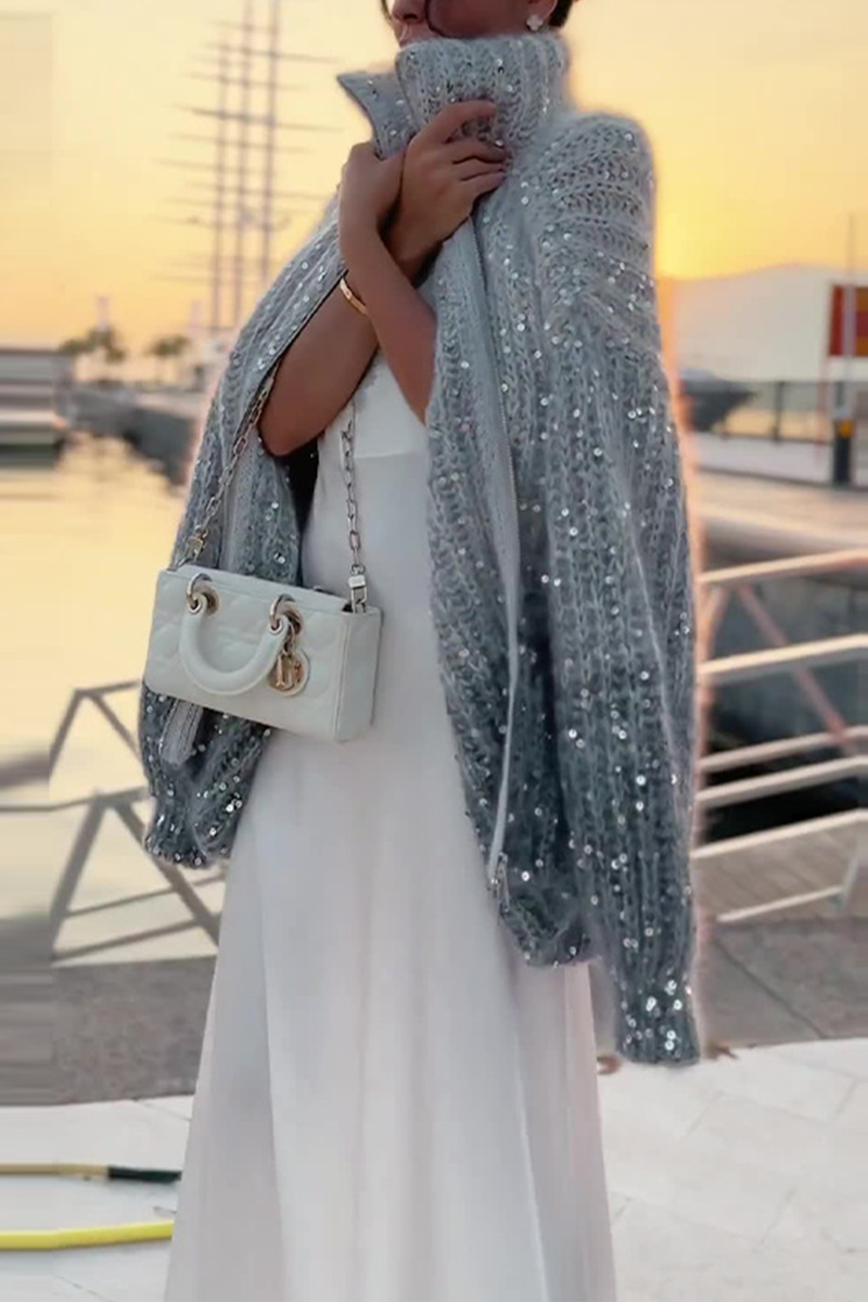 Florcoo Elegant Sequin Turndown Collar Sweater - 3 Colors