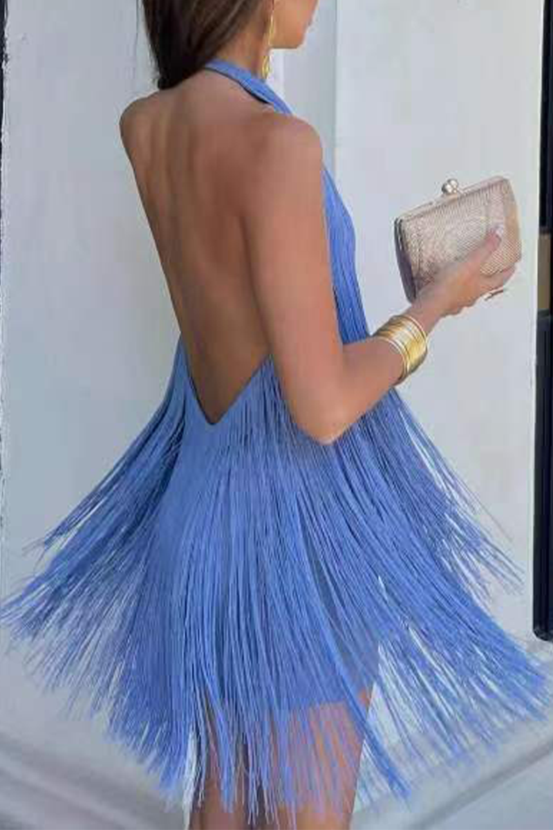 Sexy Party Solid Tassel Backless Halter Sleeveless Dress Dresses - Fashionpara