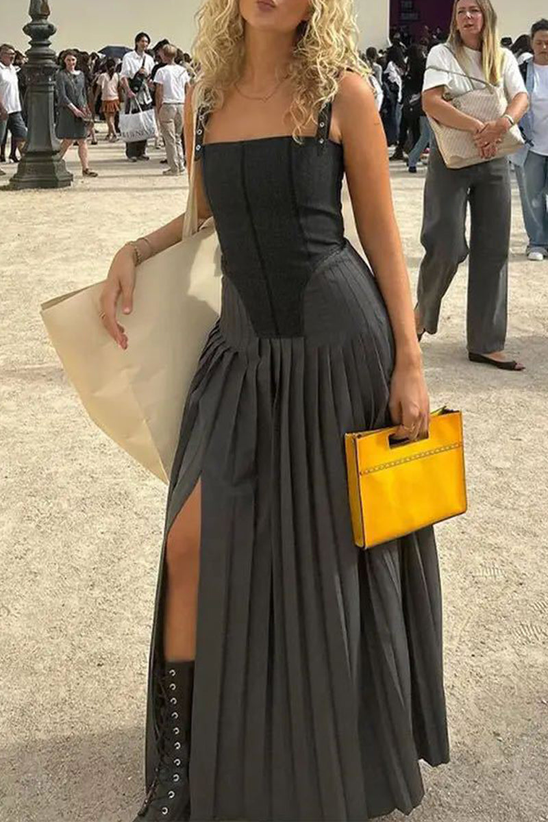 Vintage Celebrities Solid Slit Pleated Sling Dress Dresses - Fashionpara