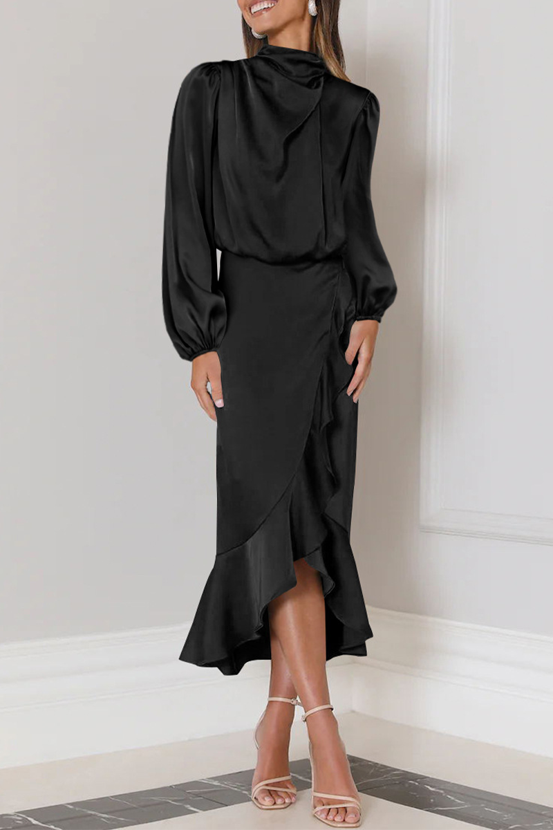 Elegant Solid Flounce Fold Turtleneck Evening Dress Dresses(6 Colors) - Fashionpara