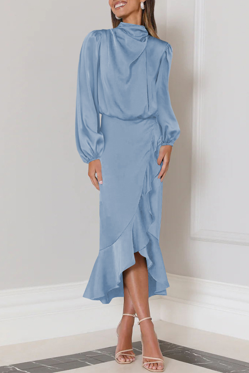 Elegant Solid Flounce Fold Turtleneck Evening Dress Dresses(6 Colors) - Fashionpara