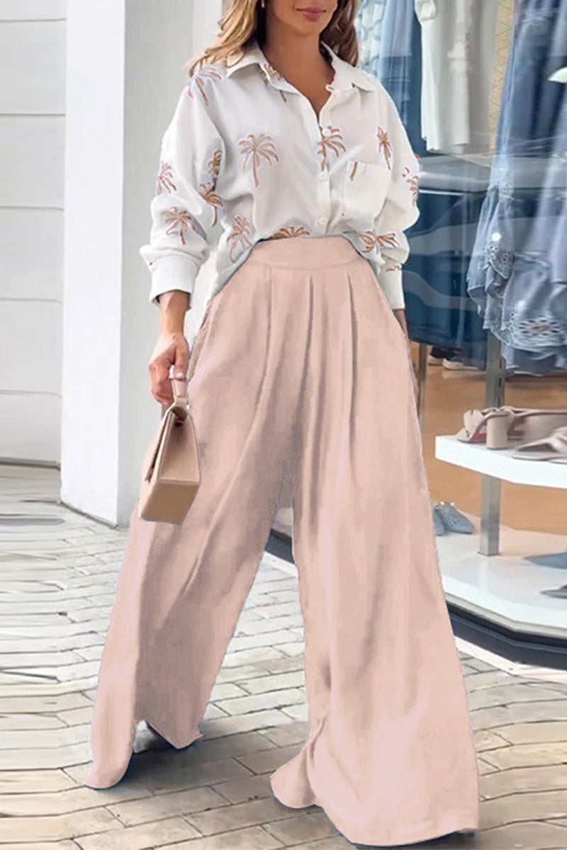 Casual Street Print Pocket Turndown Collar Long Sleeve Two Pieces - Fashionpara