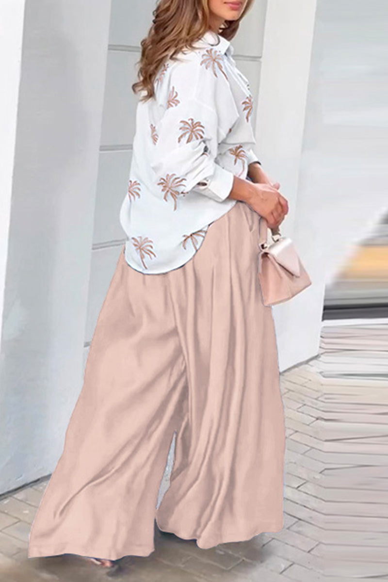 Casual Street Print Pocket Turndown Collar Long Sleeve Two Pieces - Fashionpara