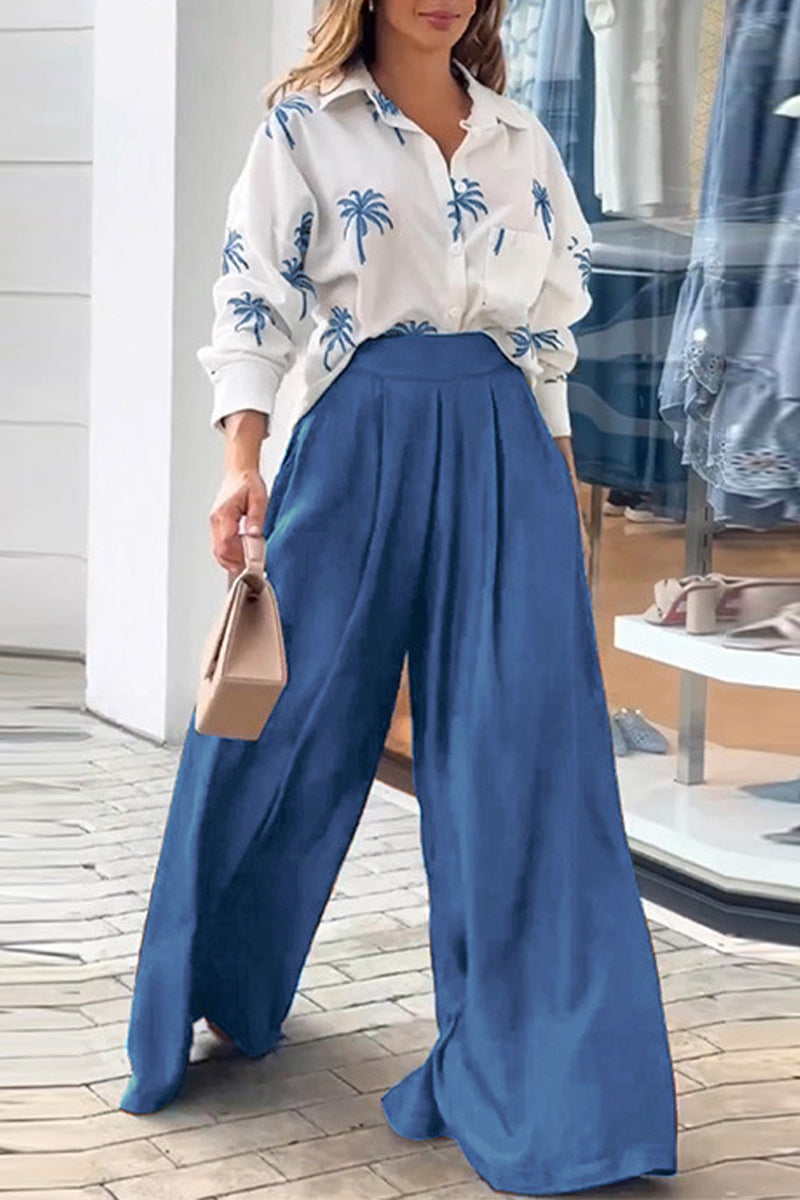 Casual Street Print Pocket Turndown Collar Long Sleeve Two Pieces - Fashionpara