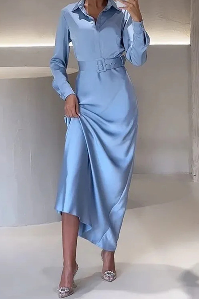 Elegant Solid With Belt Turndown Collar Shirt Dress Dresses - Fashionpara