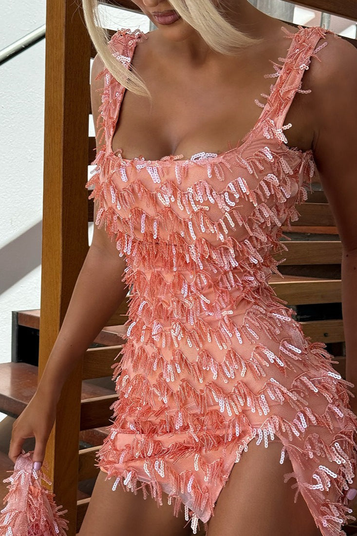 Trendy Tassel Backless Short Cami Split Sequin Dress
