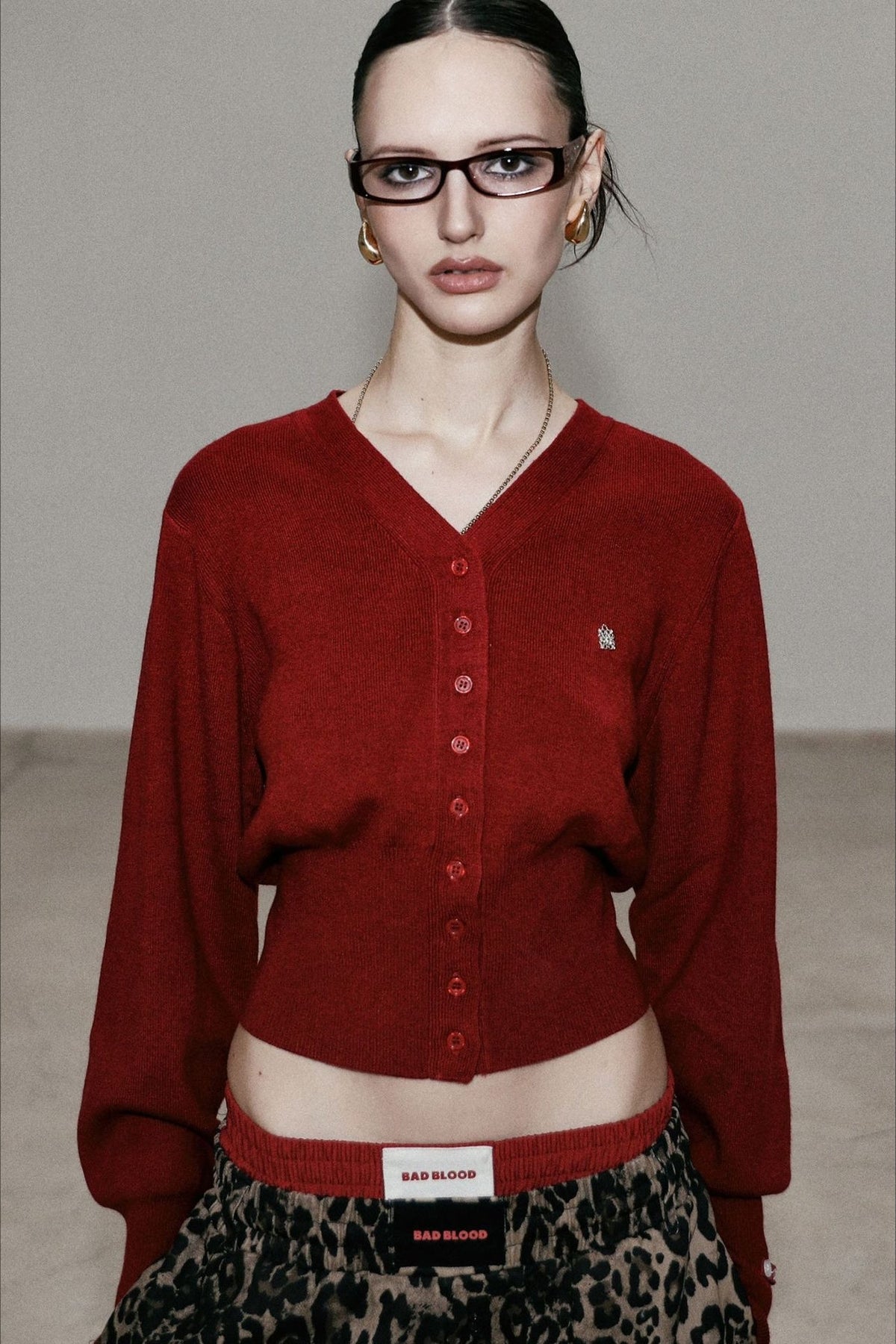 Red V Neck Knit Cardigan Blouse