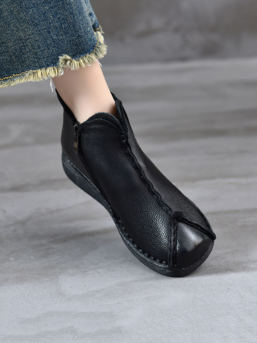 Vintage Genuine Leather Spliced Low Heel Boots