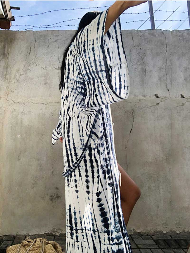 Tie-Dye Print Different Color Rayon Long Length Gown Kimono Duster Robe - Fashionpara