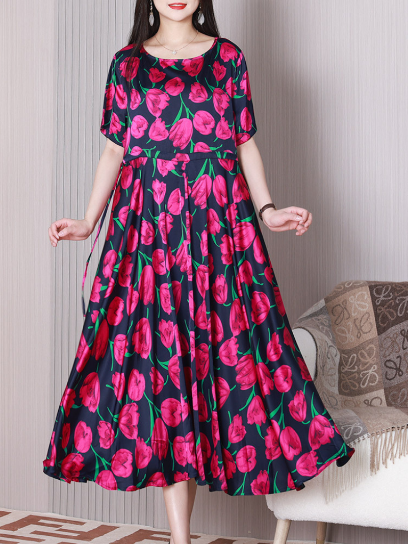 Floral Print Round Neck Short Sleeve Pleated Midi Dress