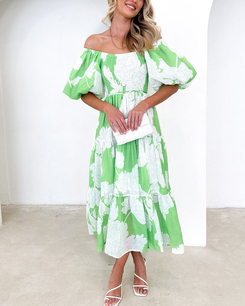 Elegant printed one-shoulder puff-sleeve dress - Fashionpara