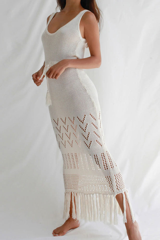 Tassel Hem Crochet Knit Cover Up Dress - Fashionpara