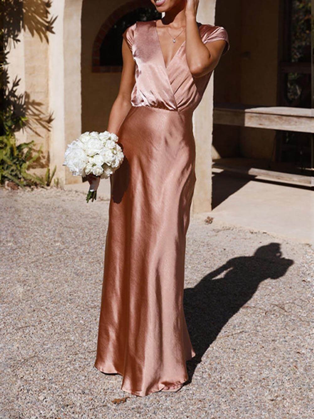 Spring/Summer Satin Solid Color V-Neck Fishtail Party Dress - Fashionpara