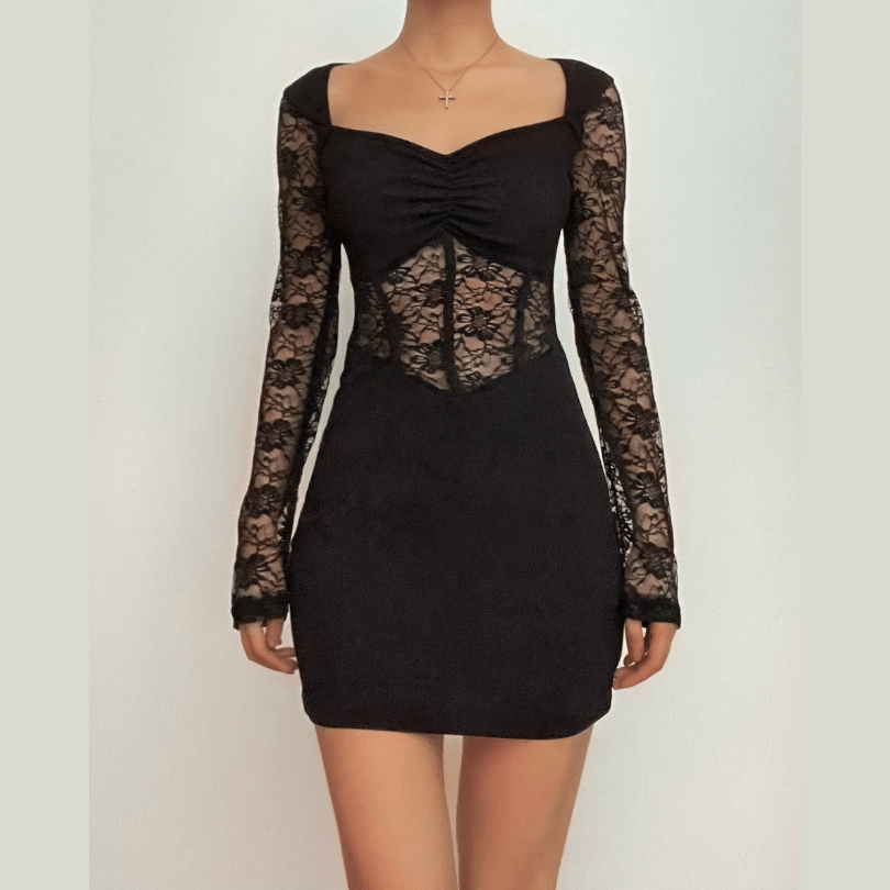 Lace Sweetheart Long Sleeve Corset Ruched Bodycon Mini Dress