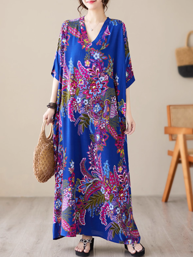 Paisley Print V-Neck Short Sleeve Kaftan Maxi Dress
