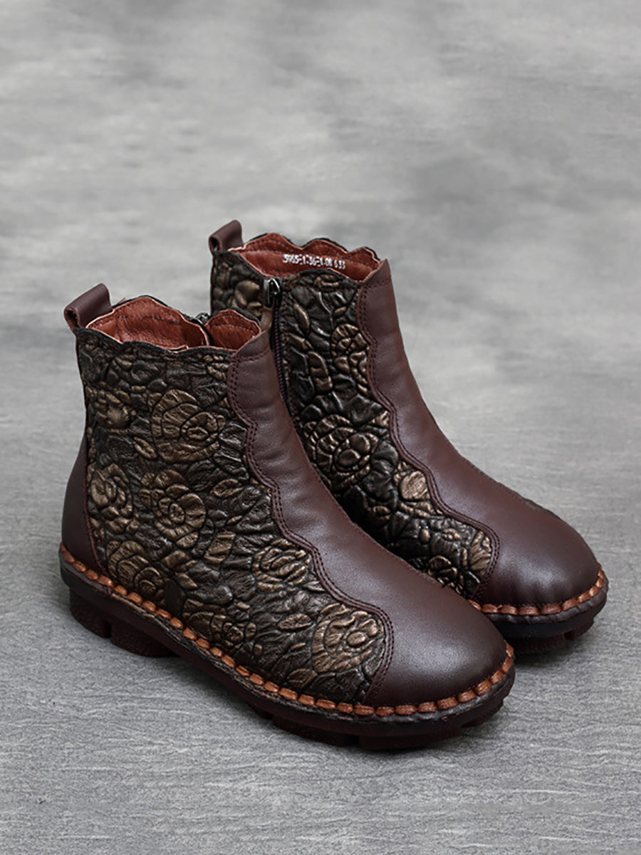 Retro Flower Leather Spliced Zipper Low Heel Boots