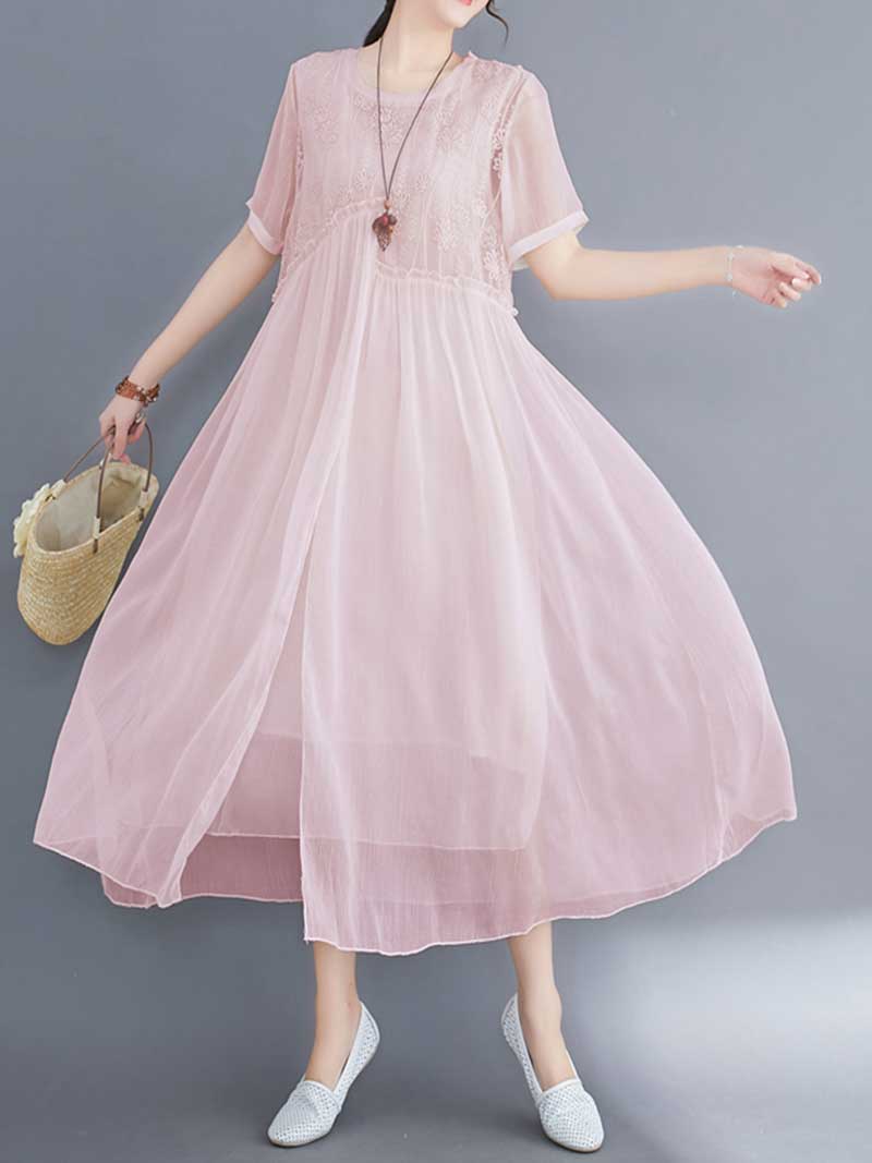 Embroidered Silk Round-Neck A-Line Dress - Fashionpara