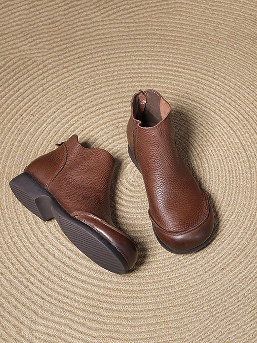 Elegant Solid Leather Spliced Low Heel Boots