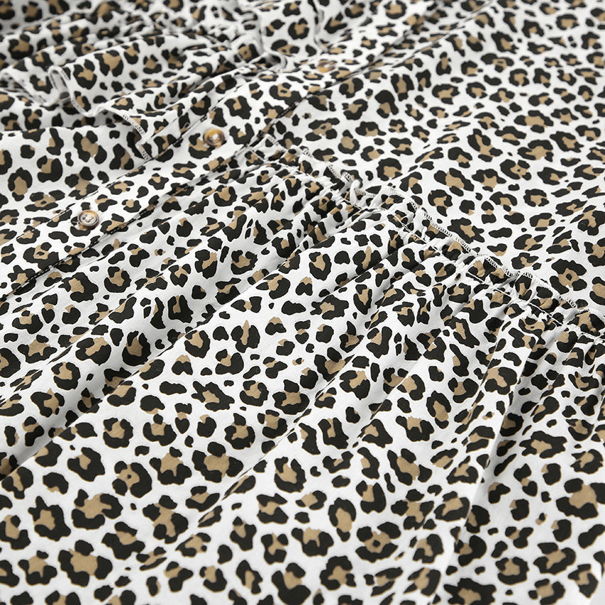 Leopard-Print Collared Long-Sleeve Tiered Mini Dress 16