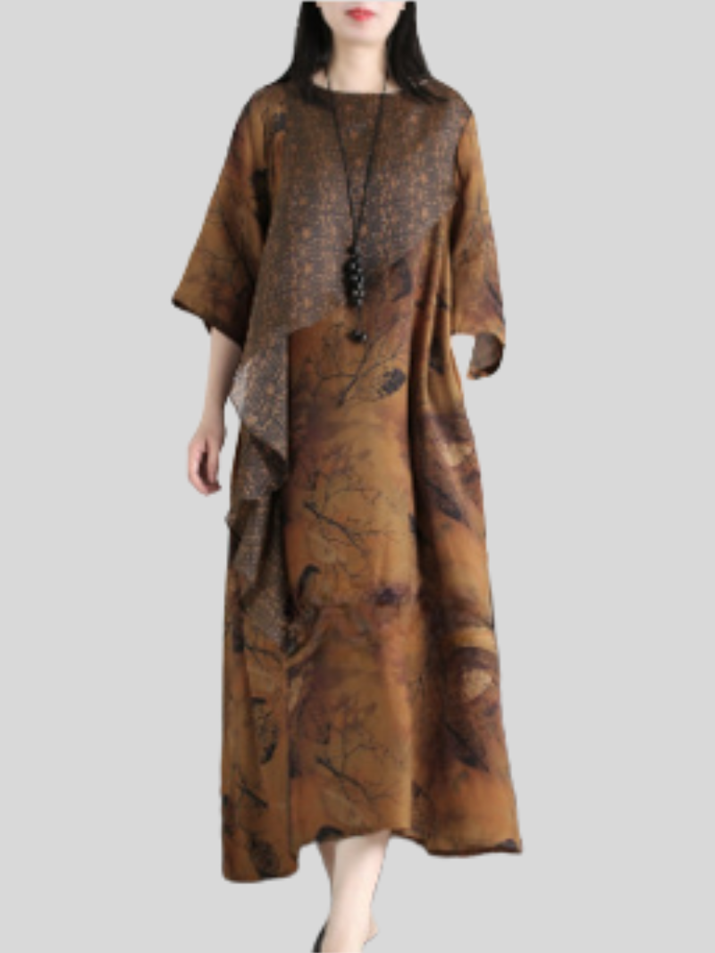 Printed Round-Neck Layered-Look Loose A-Line Maxi Dress