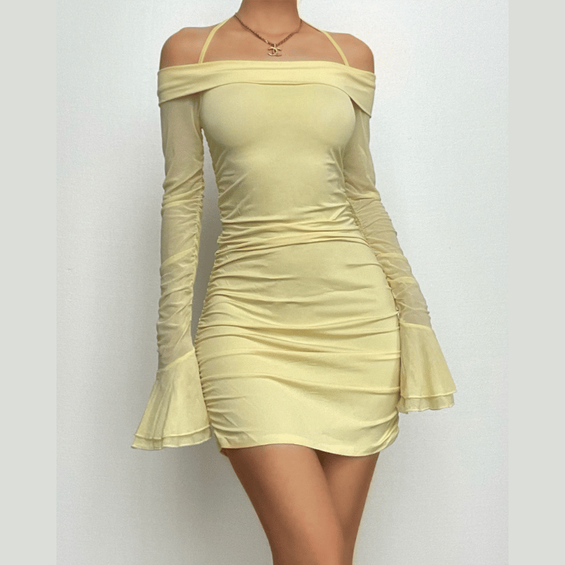 Off Shoulder Halter Neck Long Sleeve Mesh Ruched Bodycon Mini Dress