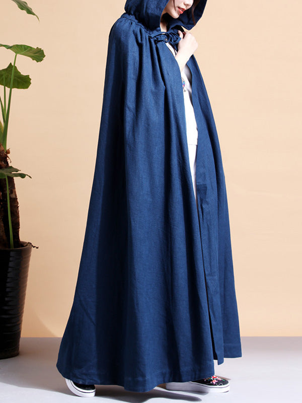 Solid Color Hooded Linen Cape Coat 14