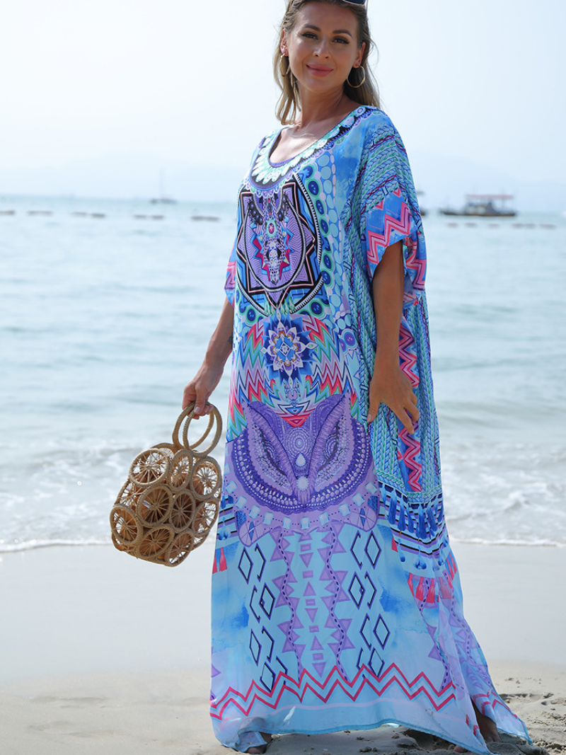 Placement-Print Scoop-Neck Batwing Kaftan Maxi Dress 2