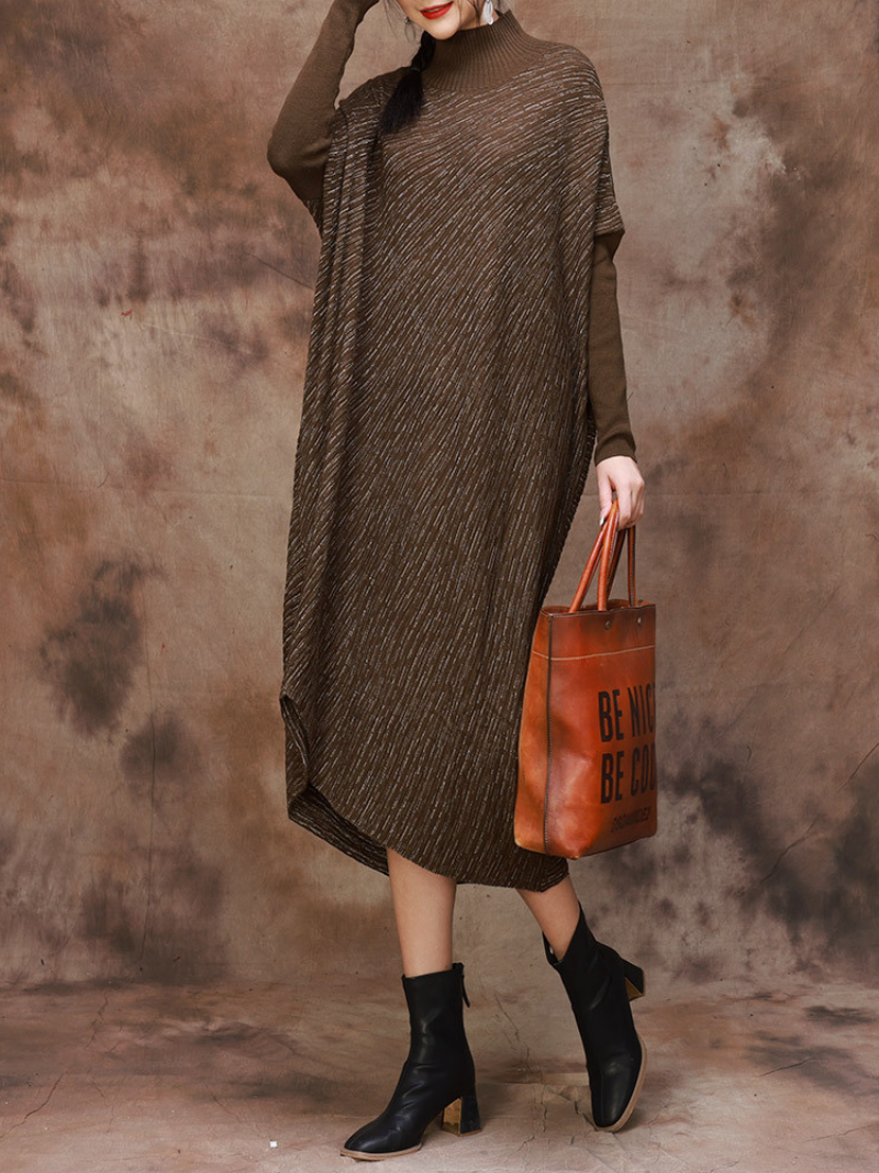 Plus Size Knitted Loose Bat Sleeve Stripe Midi Dress for Women - Fashionpara
