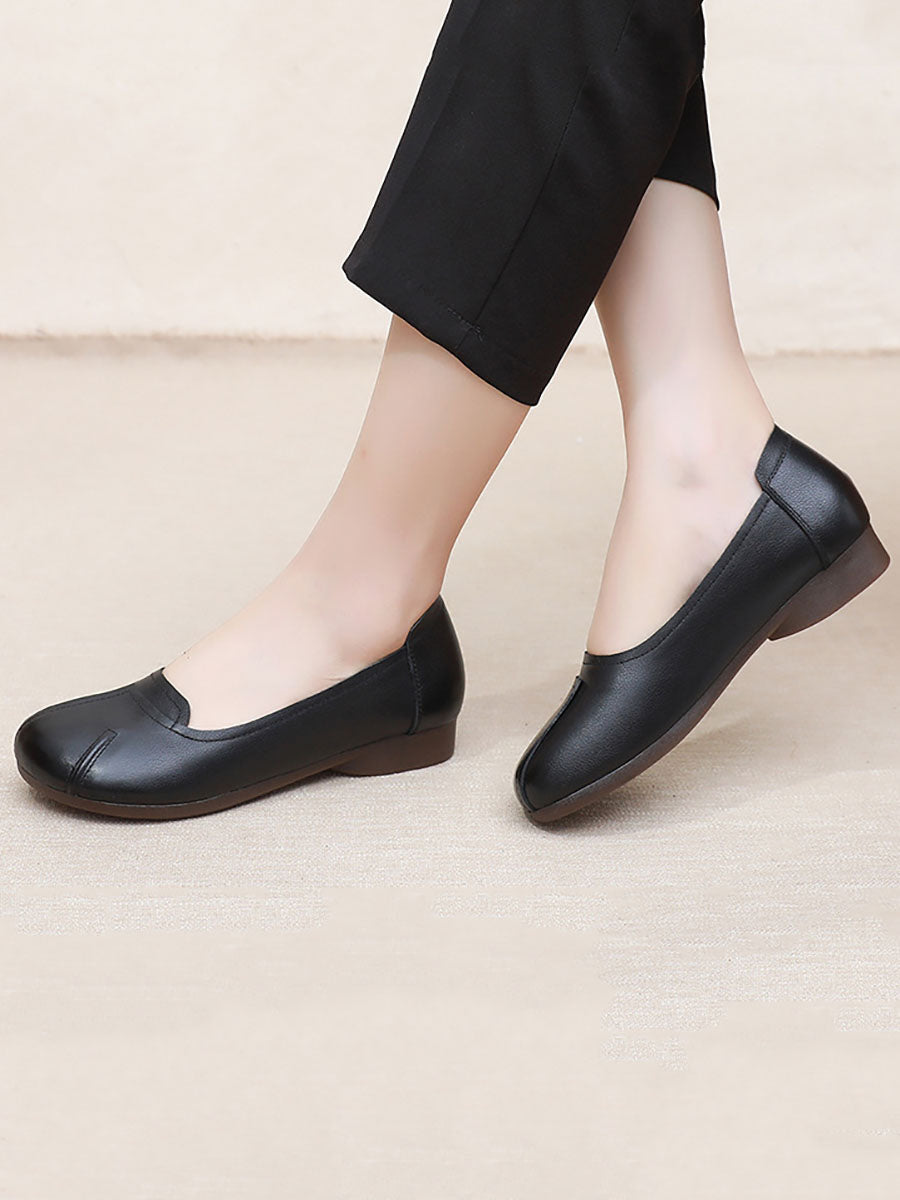 Commute Solid Leather Spliced Low Heel Shoes