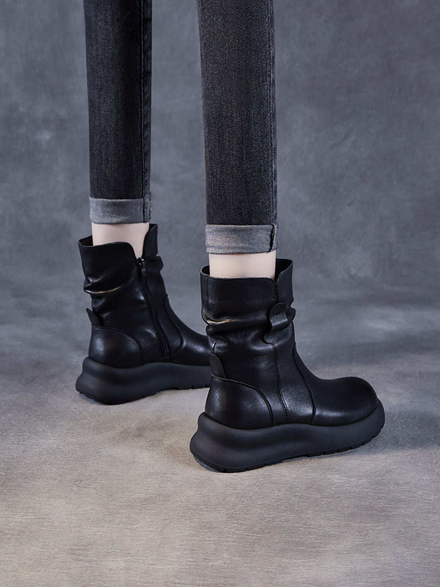 Winter Genuine Leather Spliced Low Heel Boots