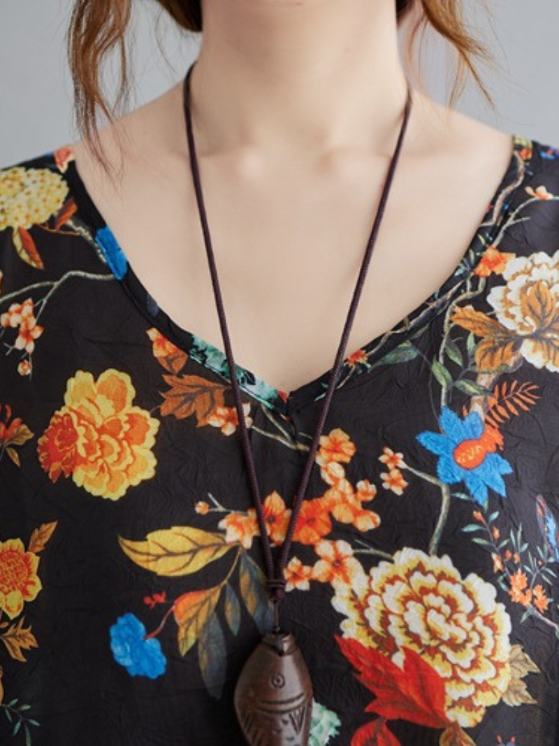 My Heart Big Flower Loose Tops - Fashionpara