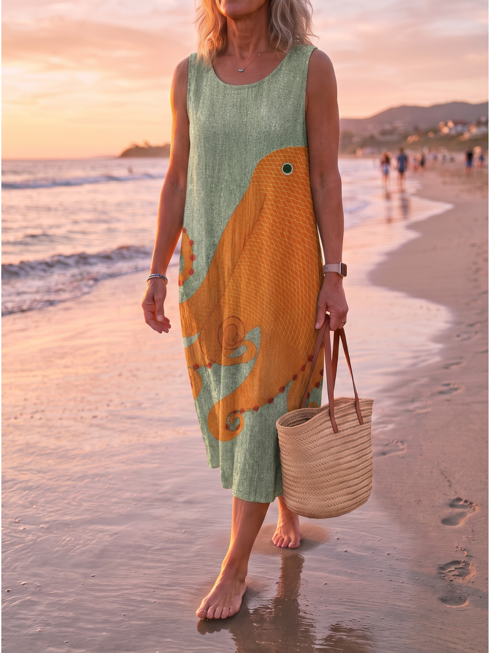Octopus Print Scoop Neck Sleeveless Midi Dress