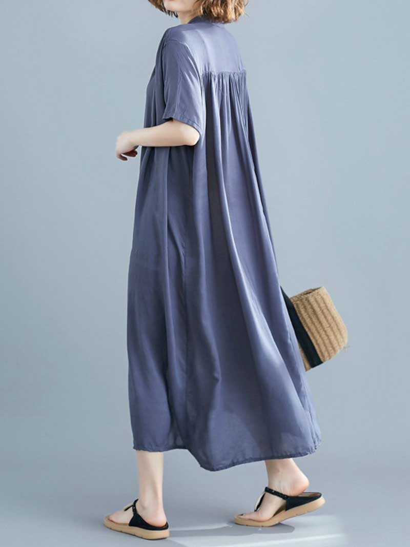Long Cotton Front Button Cotton Shirt Dress (White - Black - Grey- Apricot) - Fashionpara