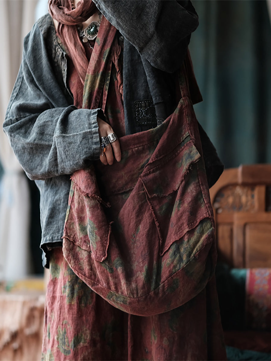 Retro Floral Spliced Linen Shoulder Bag