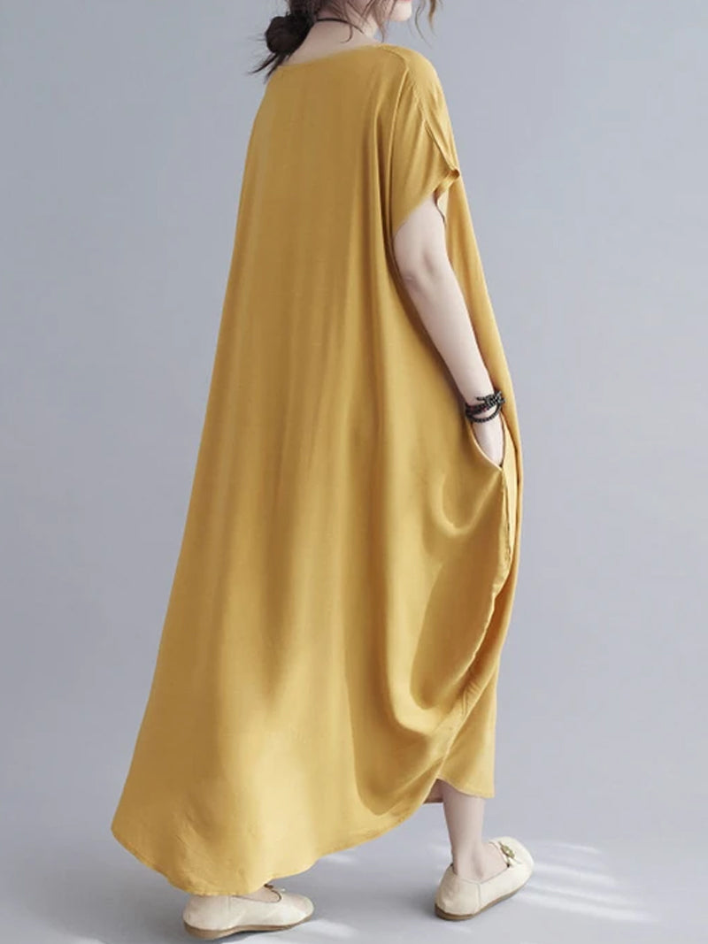 Cotton Round Neck Short Sleeve Cocoon Midi Dress 17