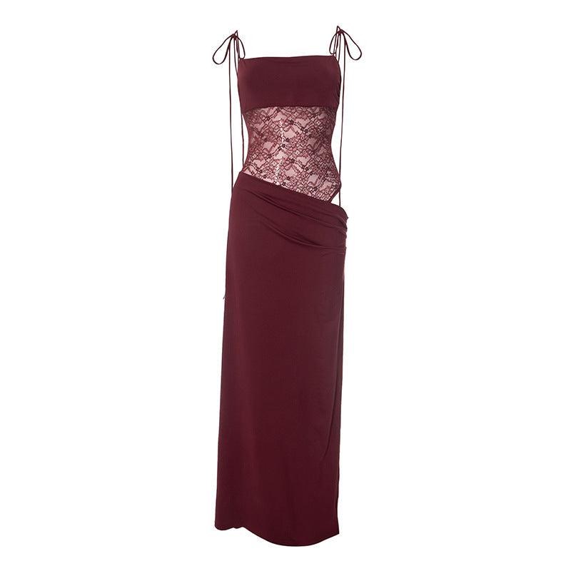 Lace-Panel Square-Neck Strappy Column Maxi Dress 15