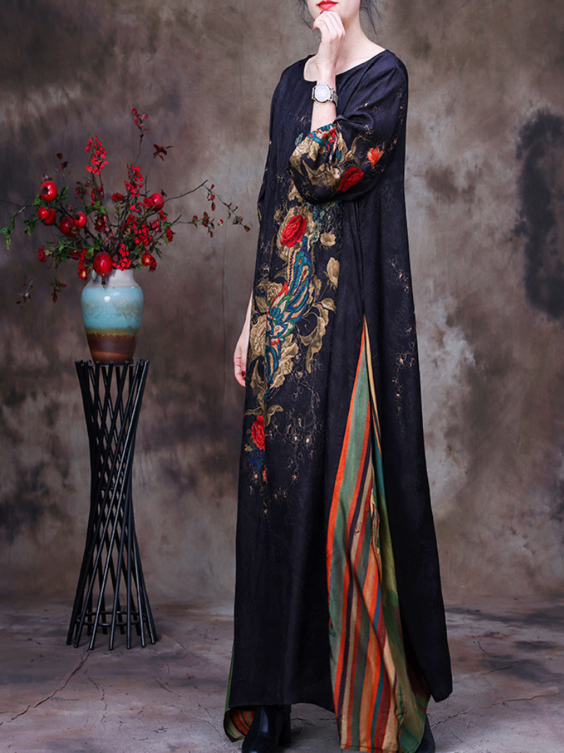 Floral Jacquard Round Neck Batwing Striped-Panel Maxi Dress 2