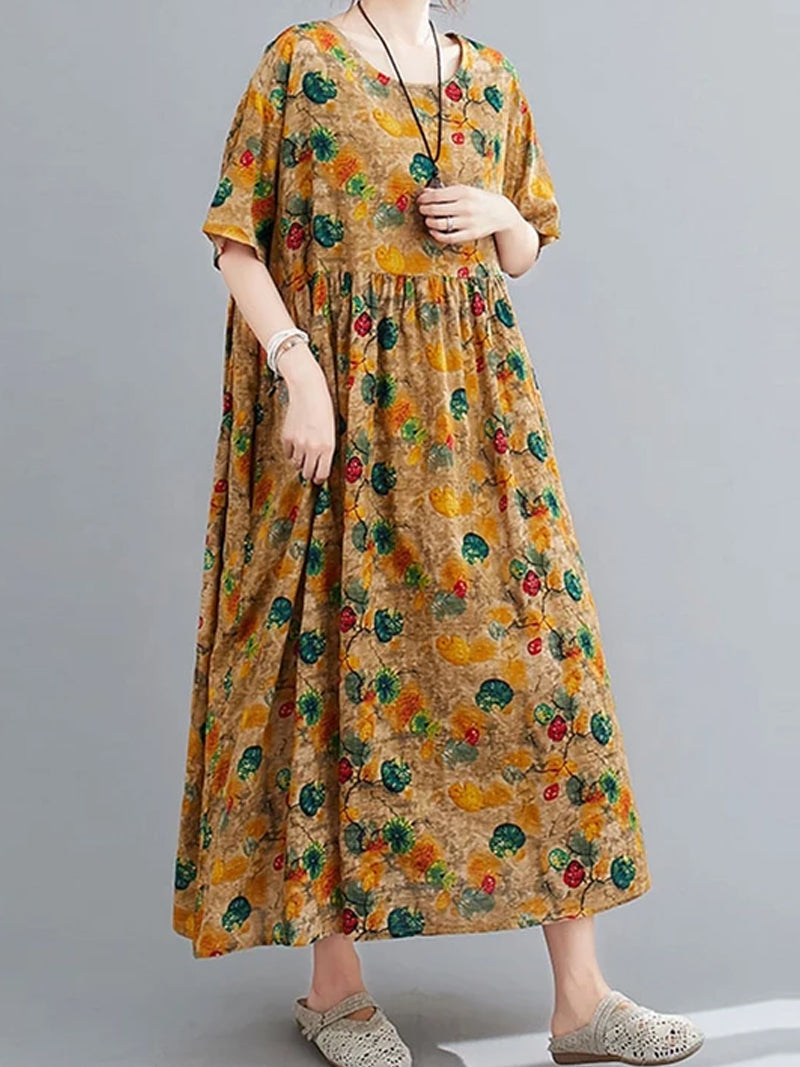 Floral Round Neck Short-Sleeve Smock Maxi Dress 4