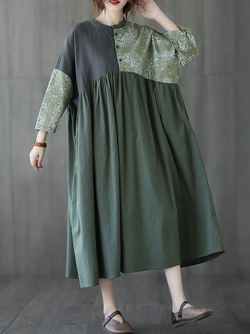 Paisley Patchwork Stand Collar Pleated Smock Midi Dress 7