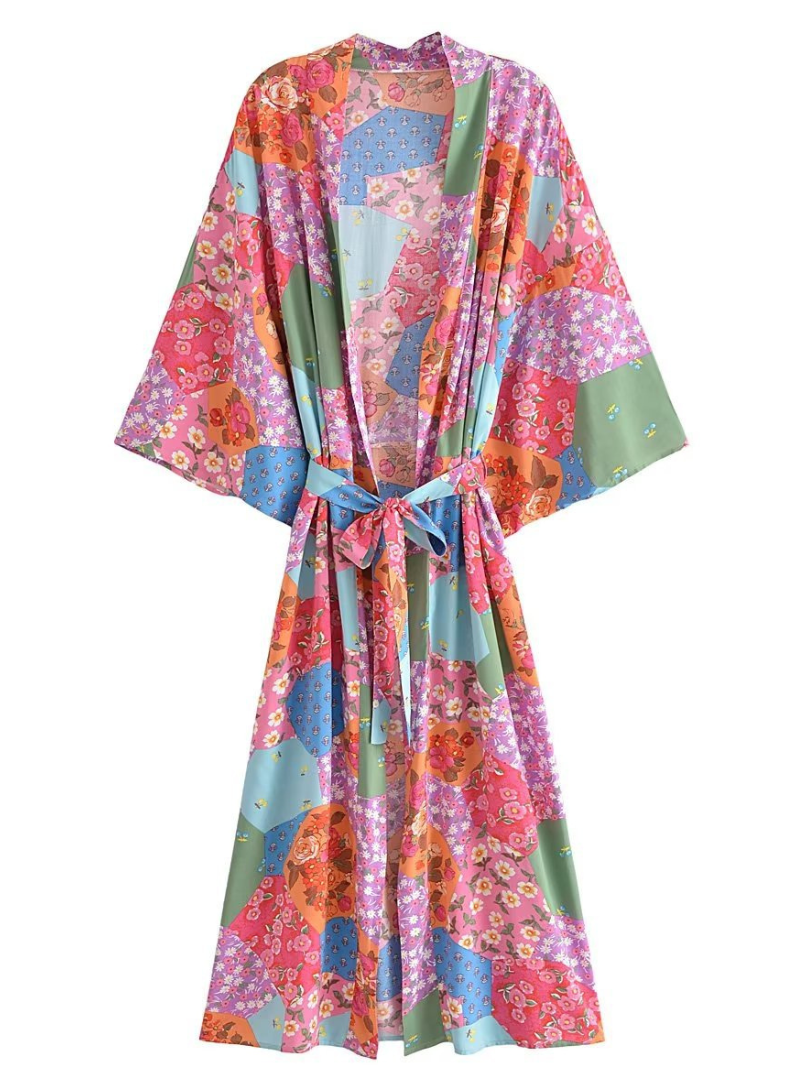 fashionable printing long belt stylish kimono cardigan jacket dress - Fashionpara
