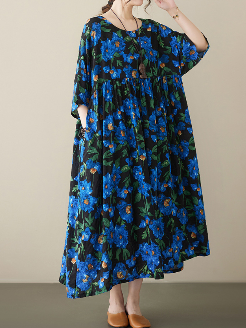 Ditsy Floral Round Neck Long Sleeve Tiered Smock Midi Dress 4