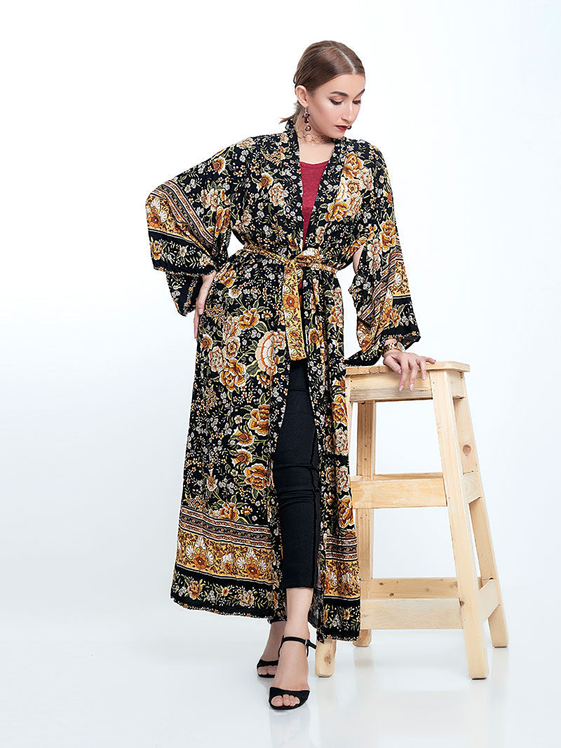 Partywear Floral Print Black Color Cotton Long Length Gown Kimono Duster Robe - Fashionpara