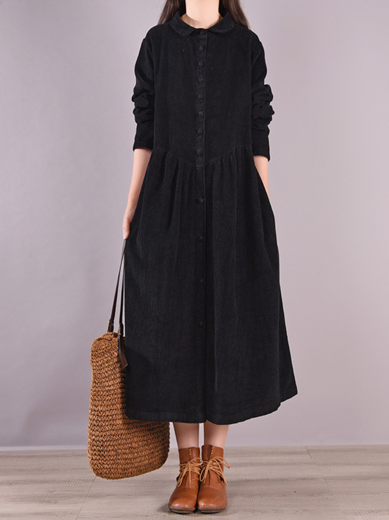 Corduroy Peter Pan Collar Long Sleeve Button Front A-Line Midi Dress