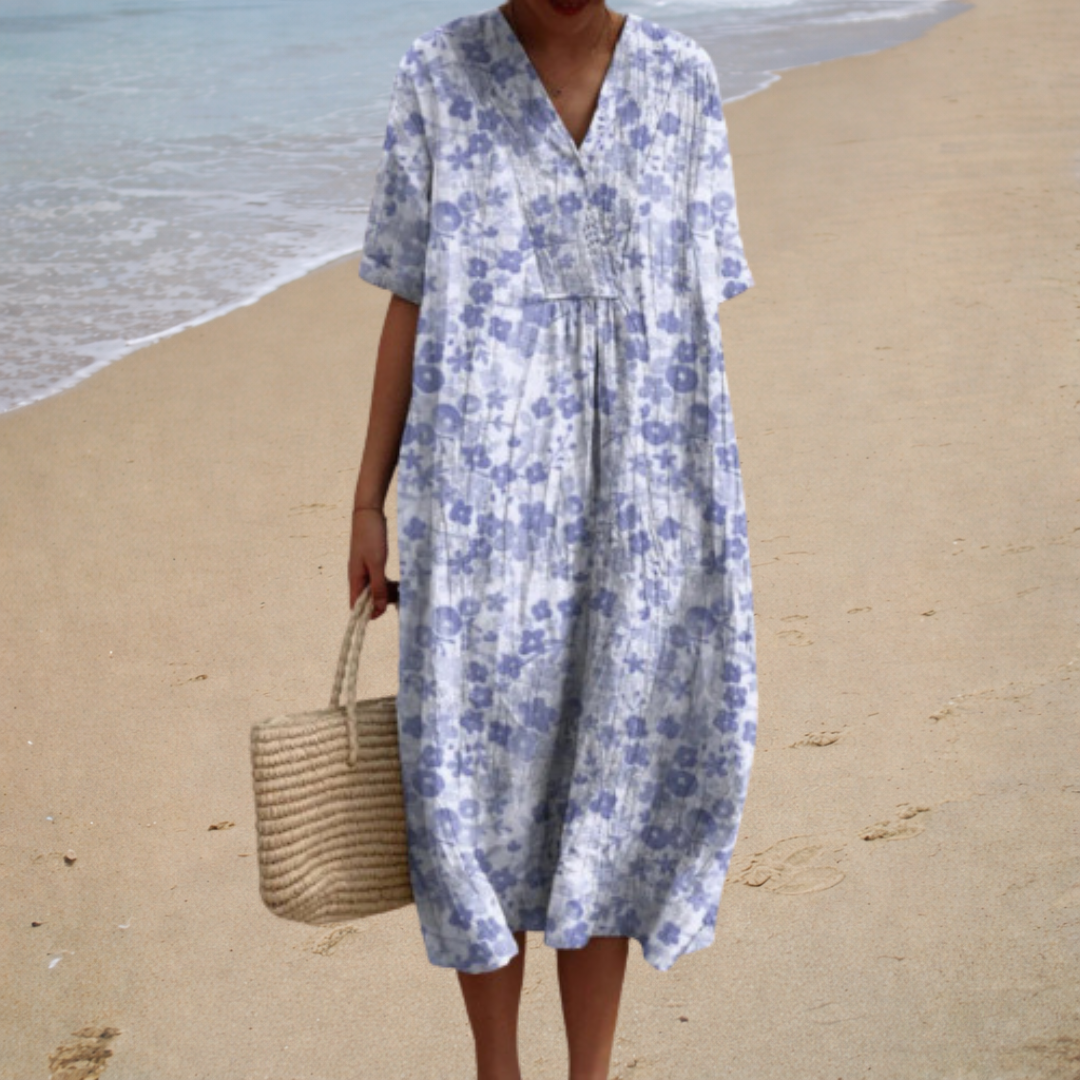 Ditsy Floral V-Neck Short Sleeve Loose Midi Dress