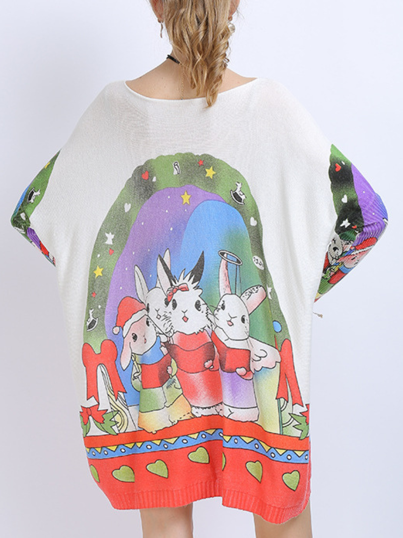 Large Size midi length Sweater Neck Rabbit Print Knit Sweater Tops - Fashionpara